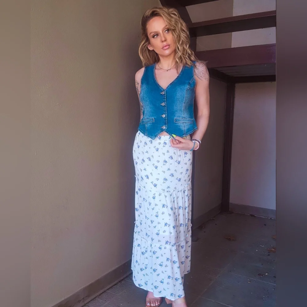 White Maxi Skirt with Blue Floral Print - Picture 7 of 8